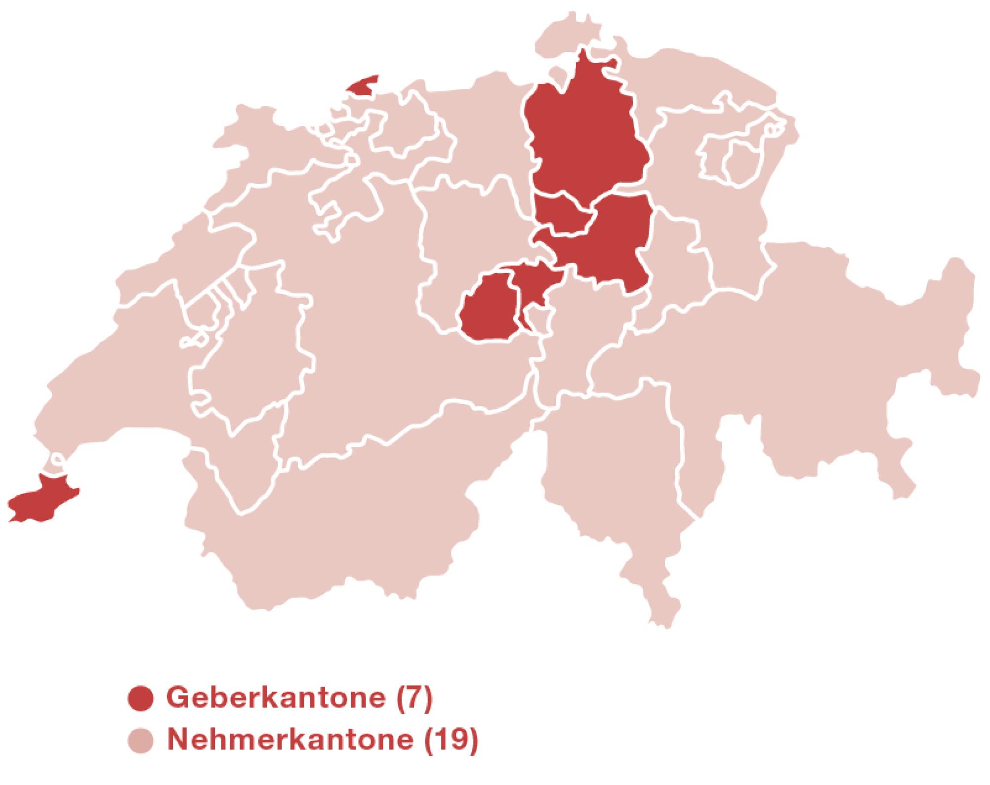Karte der Schweiz mit Umriss der Kantone. Die Geberkantone sind dunkel markiert. Es handelt sich um Zug, Schwyz, Nidwalden, Genf, Basel-Stadt, Zürich und Obwalden.
