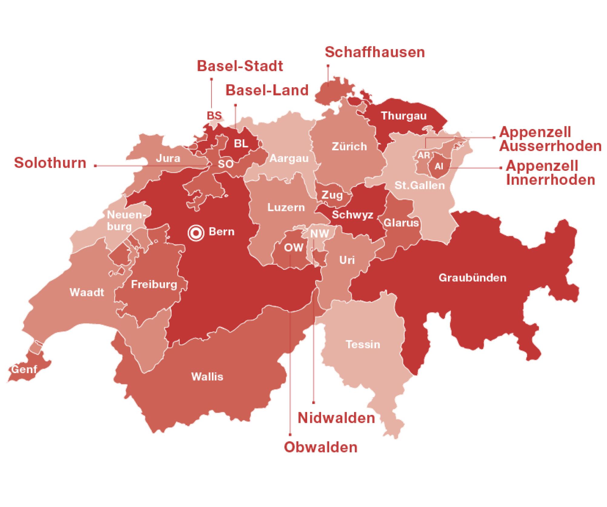 Eine Karte der Schweiz, auf der die 26 Kantone eingezeichnet sind.