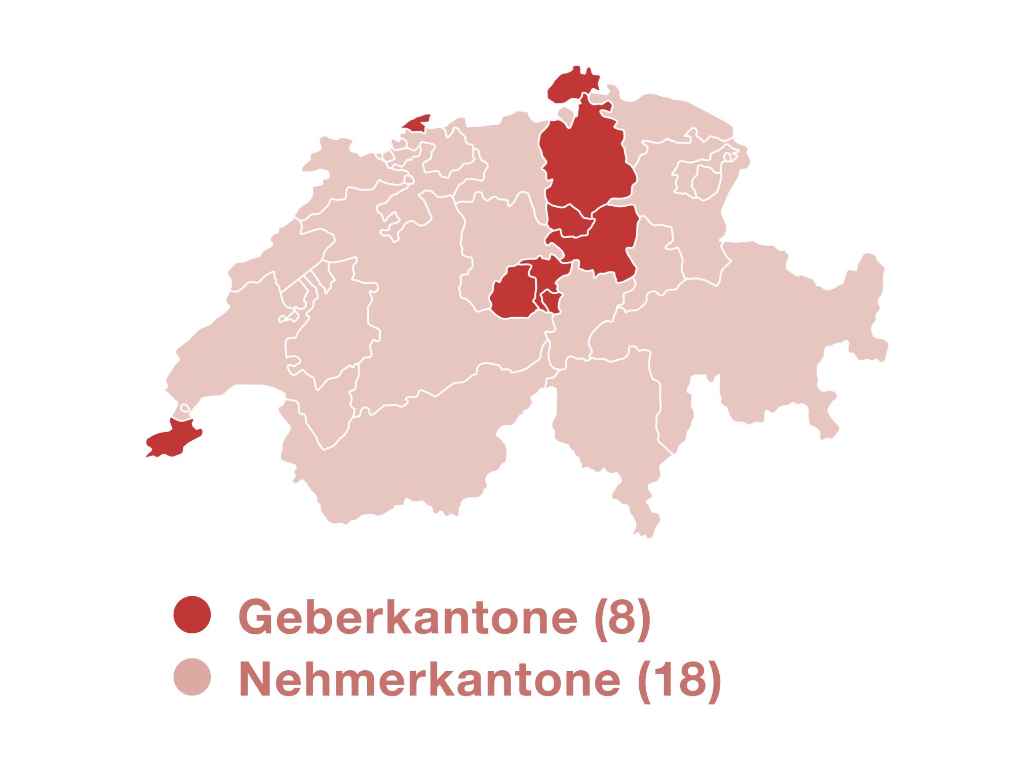 Karte der Schweiz mit Umriss der Kantone. Die Geberkantone sind dunkel markiert. Es handelt sich um Zug, Schwyz, Obwalden, Nidwalden, Genf, Basel-Stadt, Zürich und Schaffhausen.