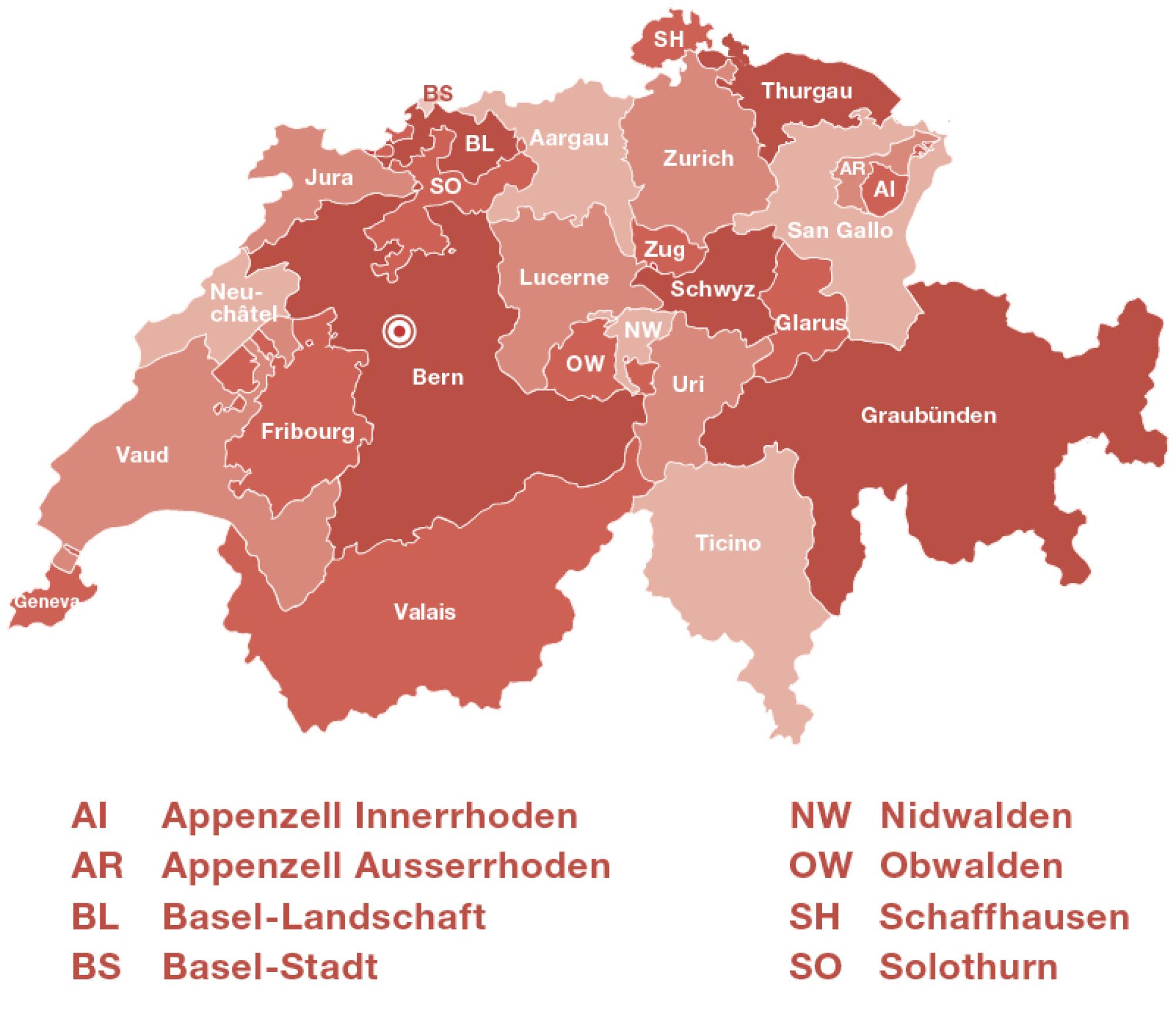 A map of Switzerland with the 26 cantons.