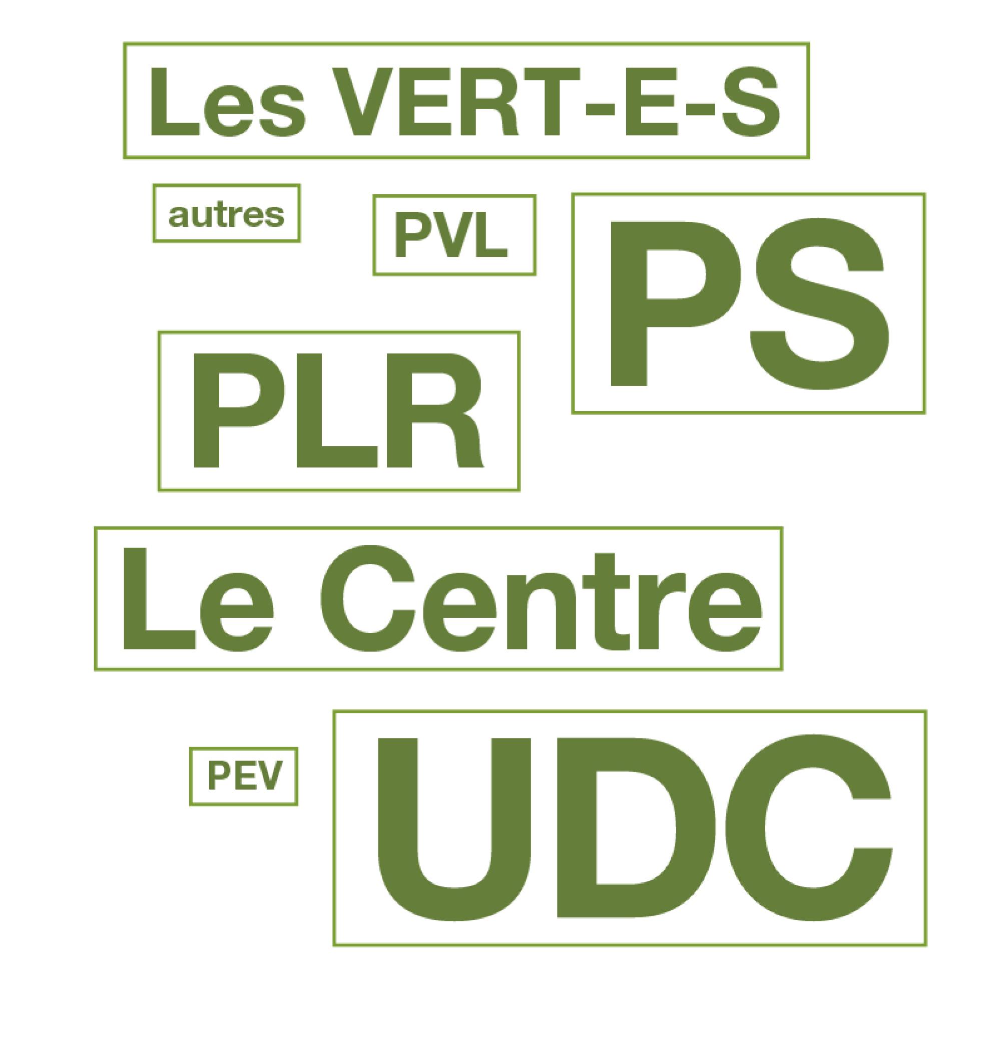 Par ordre d'importance,  le paysage politique suisse : UDC, PS, PLR, Le Centre, Les Verts, PVL, PEV, autres.