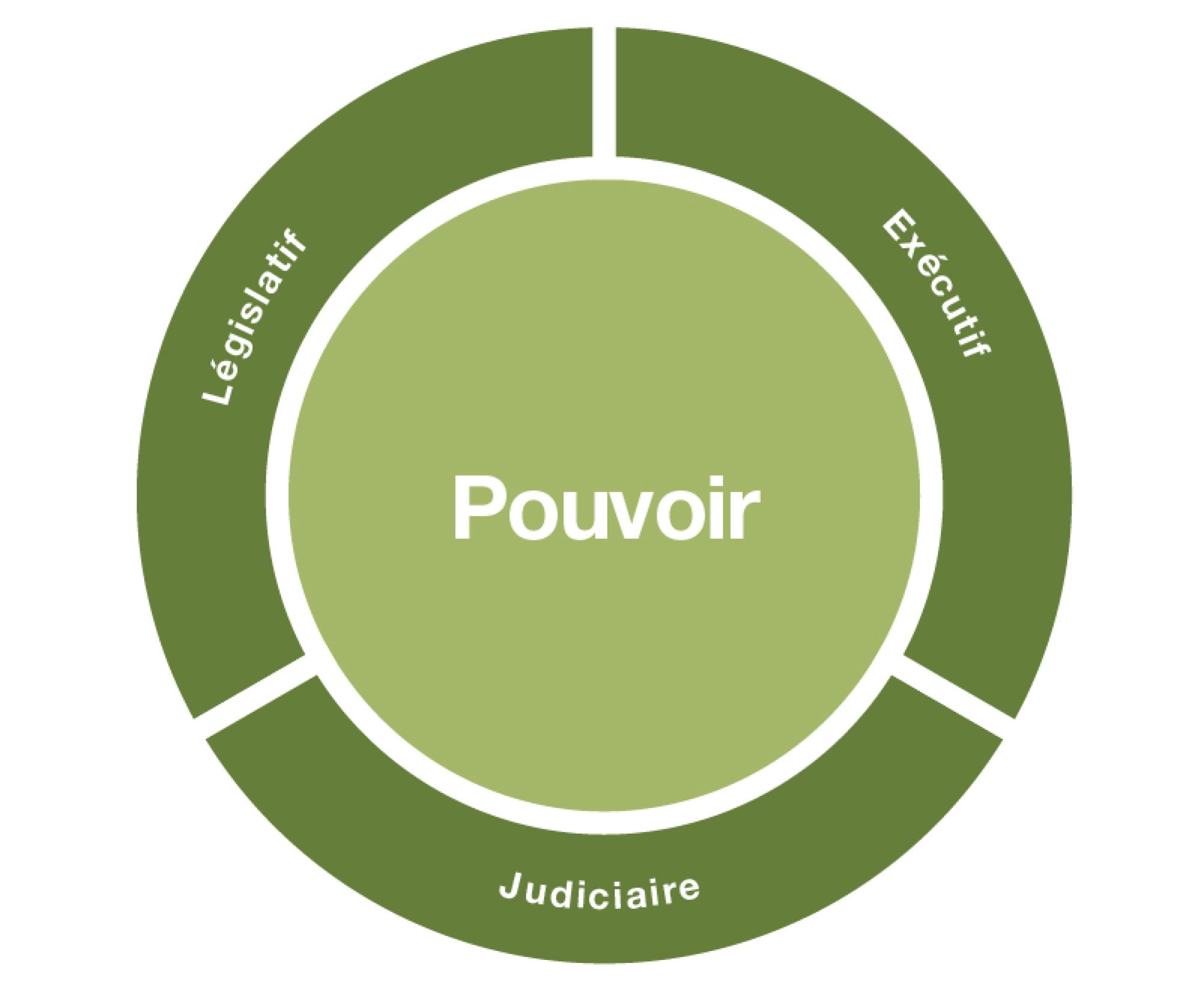 Le pouvoir de l’État est représenté par un rond central plein. Les trois catégories qui le composent sont réparties chacune sur un tiers du cercle extérieur. Il s'agit des pouvoirs législatif, exécutif et judiciaire.