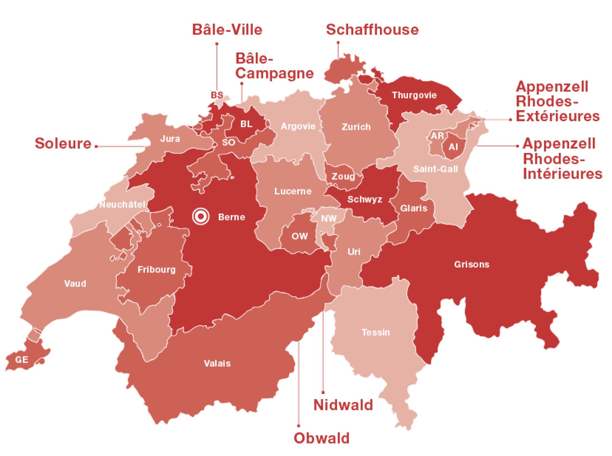 Une carte de la Suisse sur laquelle figurent les 26 cantons.