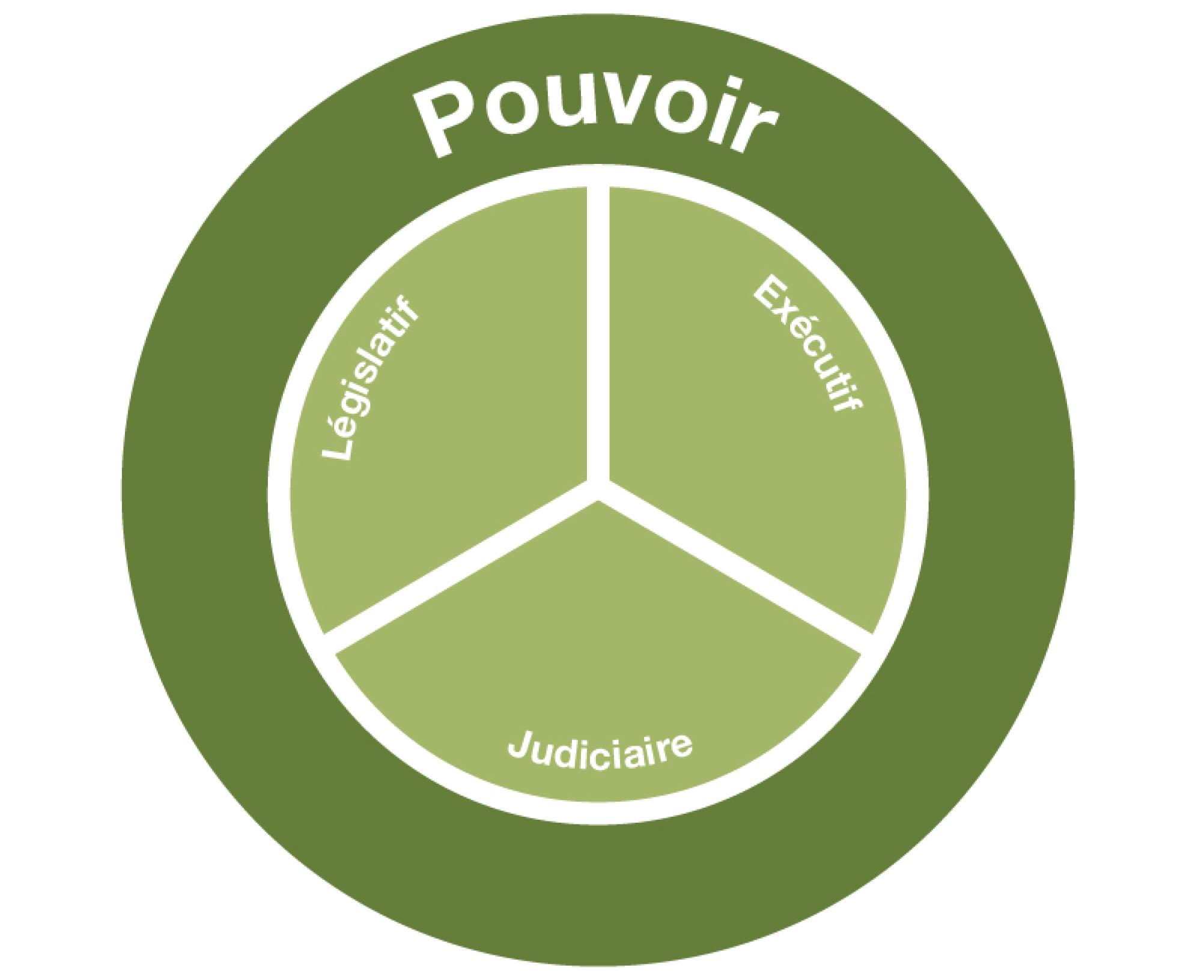 Le pouvoir de l’État est représenté par un rond central plein. Les trois catégories qui le composent sont réparties chacune sur un tiers du cercle extérieur. Il s'agit des pouvoirs législatif, exécutif et judiciaire.