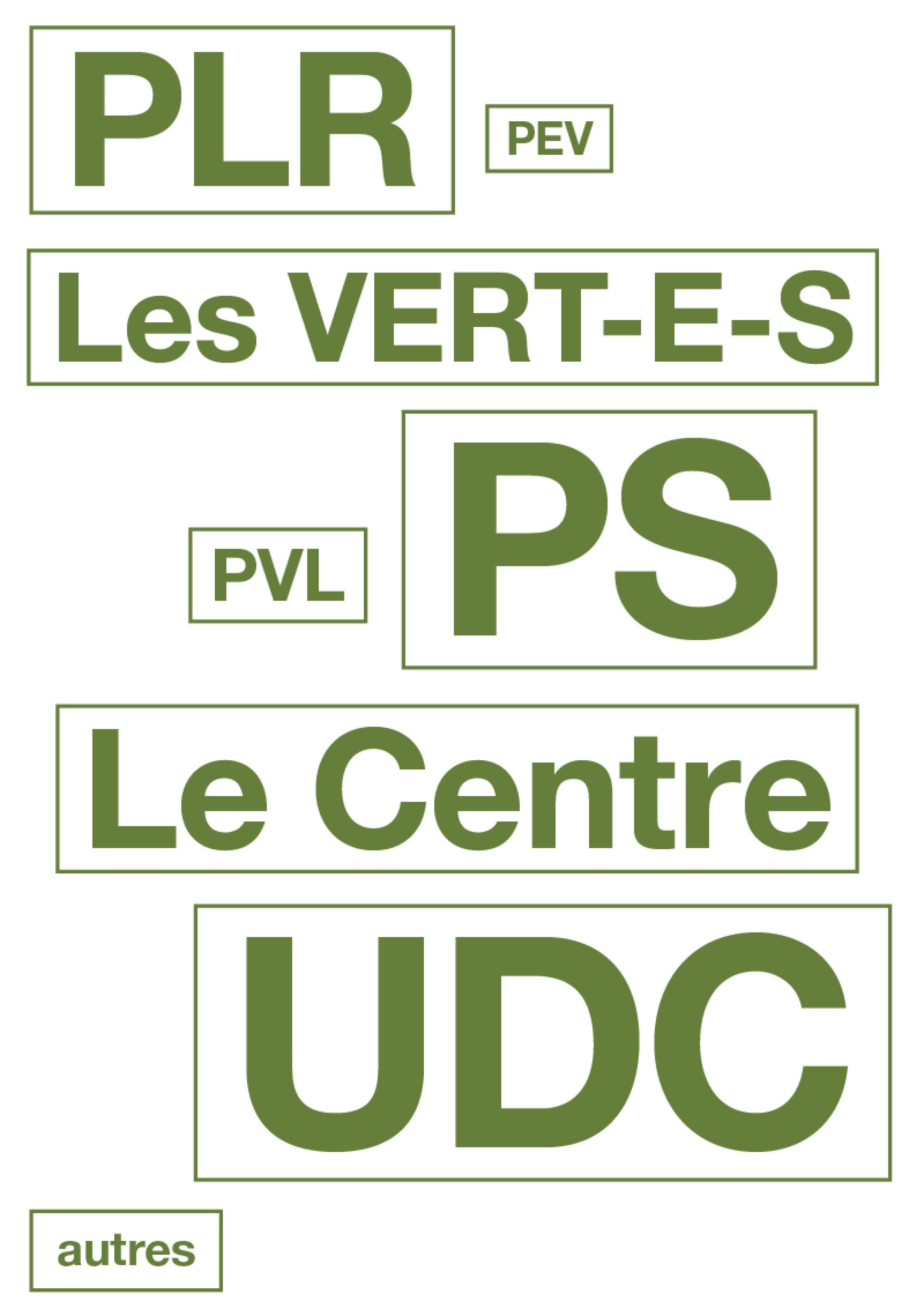 Par ordre d'importance,  le paysage politique suisse : UDC, PS, PLR, Le Centre, Les Verts, PVL, PEV, autres.