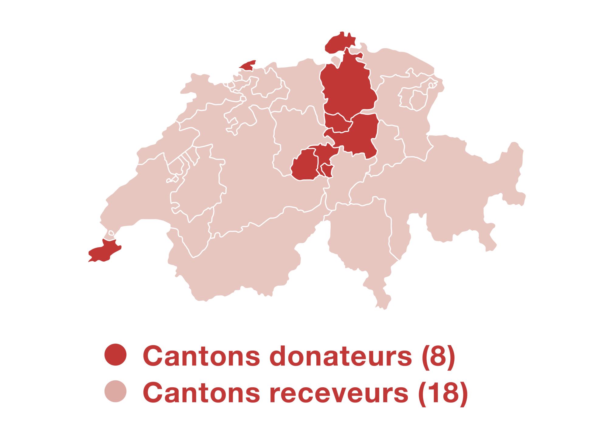 Carte de la Suisse avec contour des Cantons. Les Cantons contributeurs sont marqués en foncé. Il s'agit de Zoug, Schwytz, Nidwald, Genève, Bâle-Ville, Zürich et Obwald.