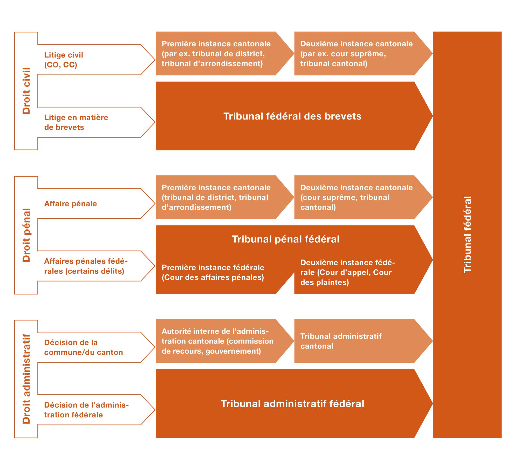 Il existe plusieurs niveaux selon le domaine du droit concerné. 
Une affaire civile ou pénale est traitée par les tribunaux cantonaux.
Les délits d'une importance particulière pour la Confédération sont traités par le Tribunal pénal fédéral. 
Un litige en matière de brevets est traité par le Tribunal fédéral des brevets.
Les décisions administratives des communes ou des cantons sont traitées au niveau cantonal.
Les décisions de l'administration fédérale sont portées directement devant le Tribunal administratif fédéral. 
Chacune de ces décisions peut faire l'objet d'un recours auprès du Tribunal fédéral, qui est presque toujours la dernière instance.