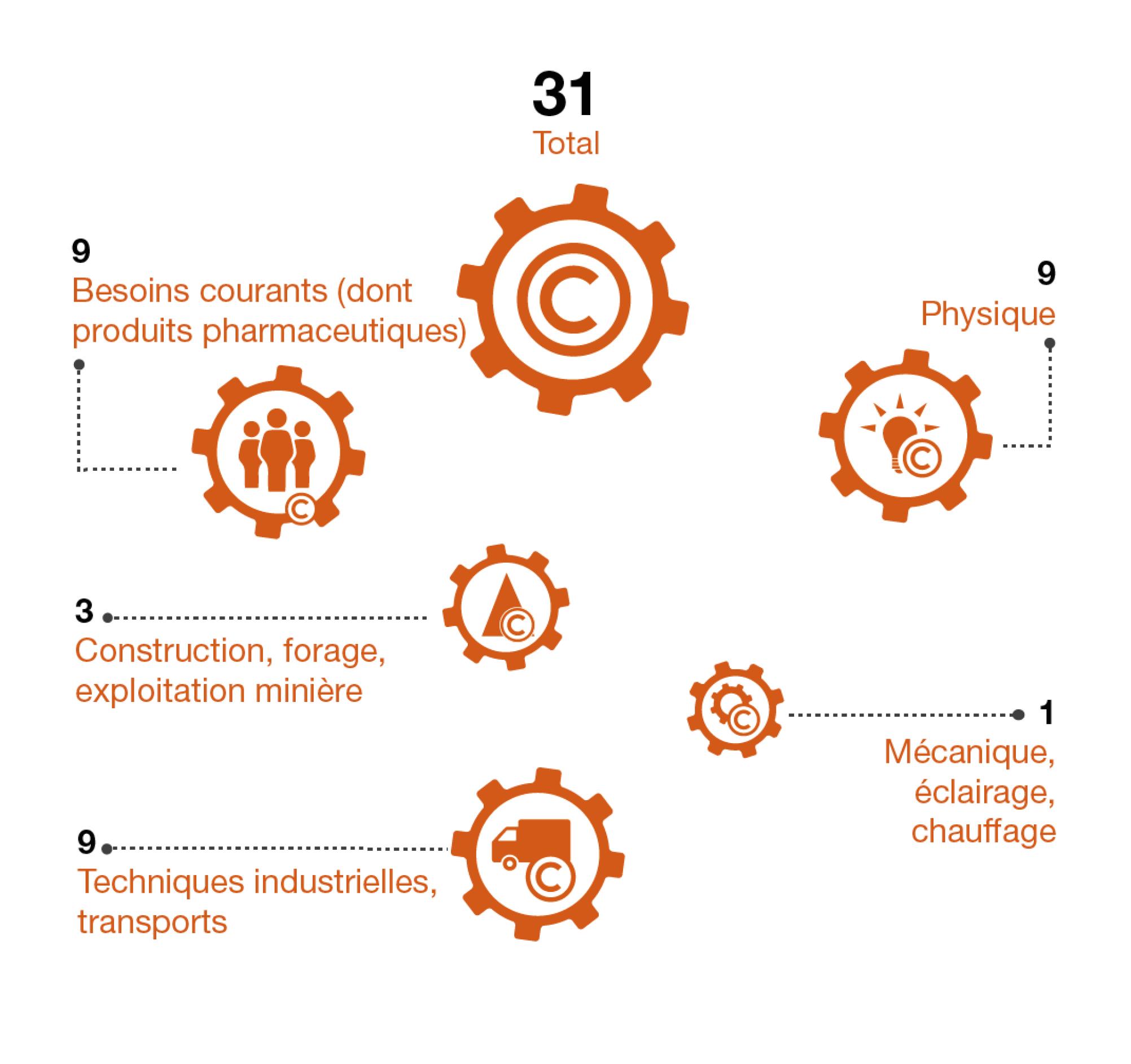En 2023, un tiers des affaires reçues par le Tribunal fédéral des brevets relevait du domaine de la physique, un tiers du domaine des produits de nécessités courantes de la vie, et un tiers du domaine des techniques industrielles et transports.