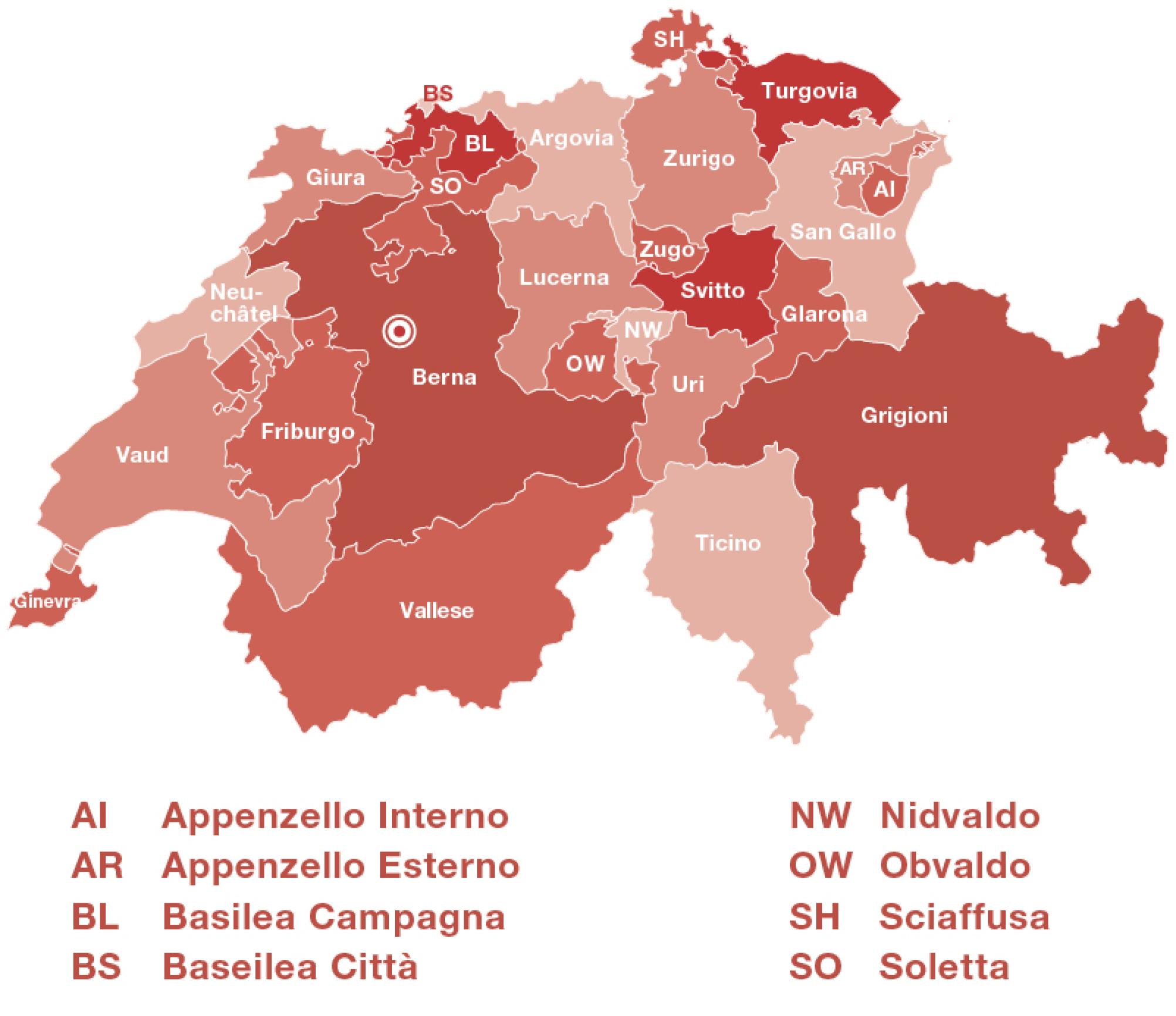 Cartina della Svizzera con i 26 Cantoni.