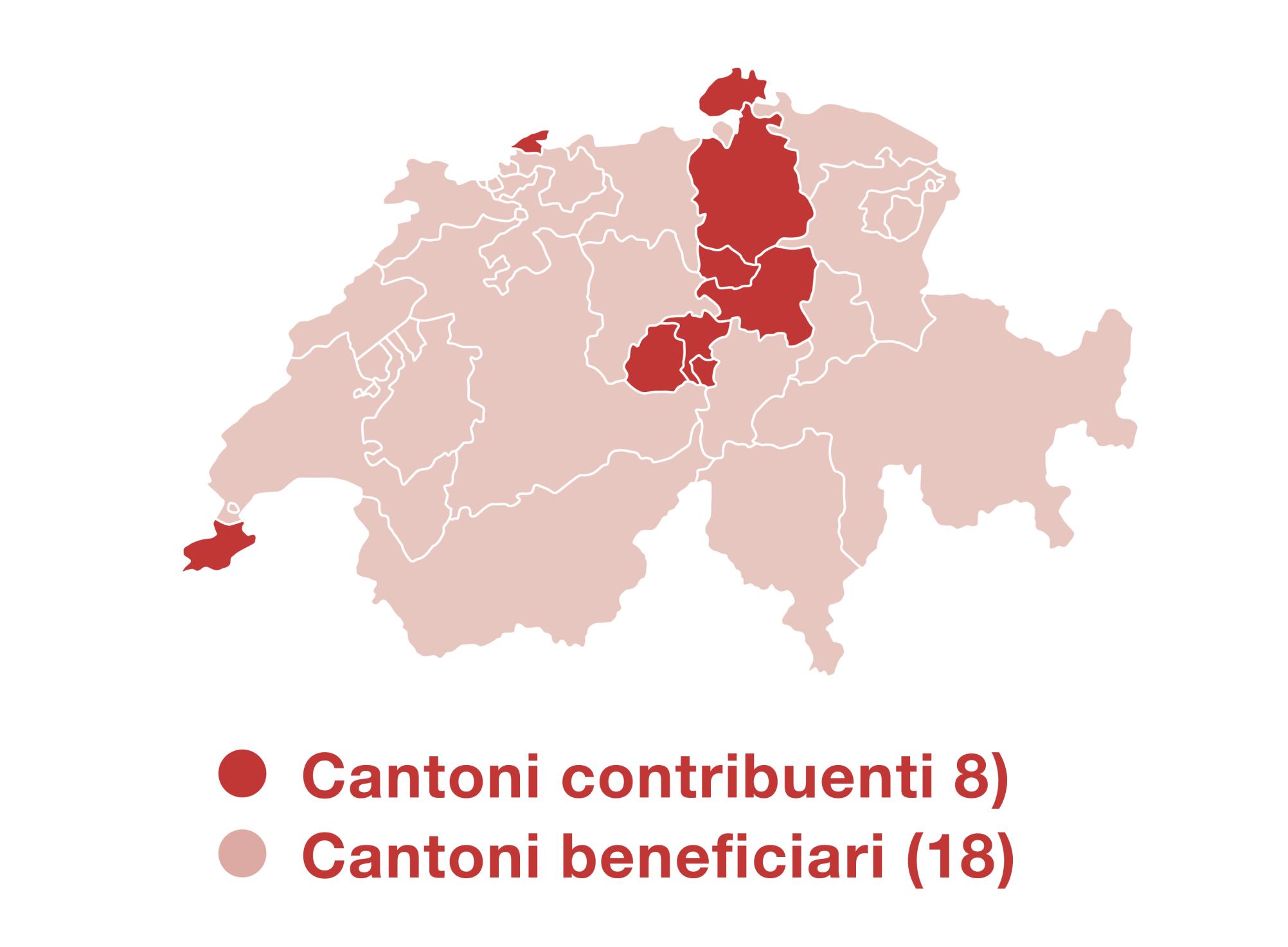 Carta della Svizzera con i contorni dei Cantoni. I cantoni contributori sono contrassegnati in scuro. Si tratta di Zugo, Svitto, Nidvaldo, Ginevra, Basilea Città, Zurigo e Obvaldo.