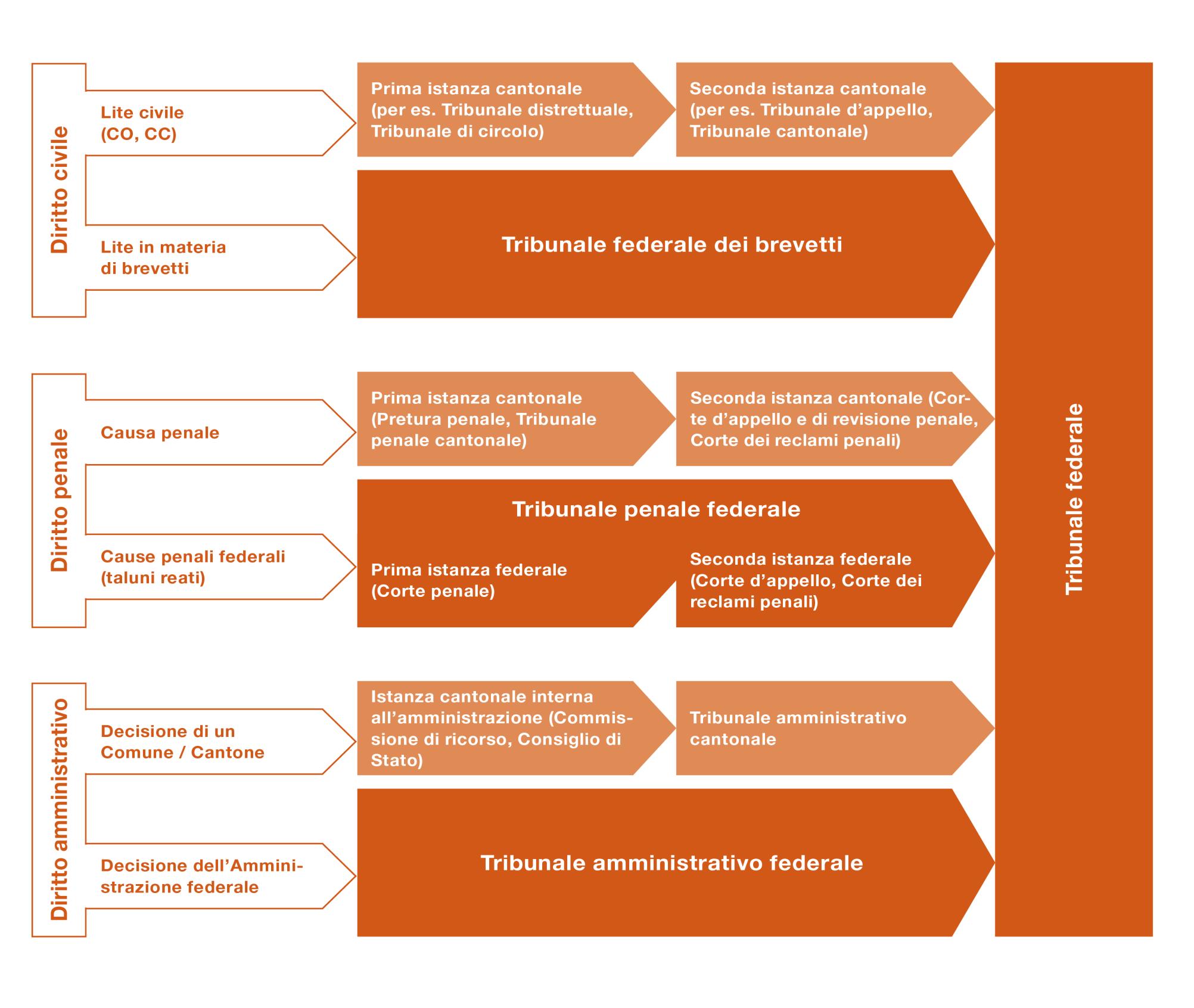 Esistono più livelli in base all’ambito giuridico interessato. 
Una causa civile o penale è trattata dai tribunali cantonali.
I reati di una certa importanza per la Confederazione sono trattati dal Tribunale penale federale. 
Una lite in materia di brevetti è trattata dal Tribunale federale dei brevetti.
Le decisioni amministrative dei Comuni o dei Cantoni sono trattate a livello cantonale.
Le decisioni dell’Amministrazione federale sono contestate direttamente dinanzi al Tribunale amministrativo federale. 
Ogni decisione può essere impugnata dinanzi al Tribunale federale, che rappresenta quasi sempre l’ultimo grado.